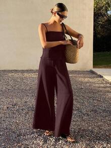Conjunto de 2 piezas de top de tirantes con volantes y pantalones sueltos casuales de verano para mujer - Burdeos - Ver 4