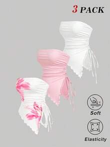 Top bustier de múltiples piezas con pliegues en la cintura atados a los lados, top tubo con estampado retro, top de otoño, top para salir, top de tirantes marrón - Multicolor 11 - Ver 11