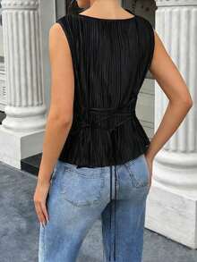 Blusa elegante de tela con pliegues, sin mangas y con cuello ancho, con cinturón en la cintura, para mujer, para primavera/verano - Negro - Ver 2