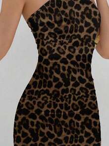Vestido casual, elegante y sexy de estampado abstracto marrón café, tipo bandeau y ajustado, apropiado para el verano, vacaciones y fiestas - Multicolor - Ver 5