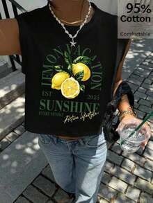 Top sin mangas casual y minimalista para mujer con estampado de cóctel - Estilo deportivo versátil para vacaciones de primavera, boda en una isla tropical, aniversario, fiesta de damas de honor, cita nocturna, invitada de boda, despedida de soltera, festival de música bohemio y uso elegante de verano - Negro - Ver 1