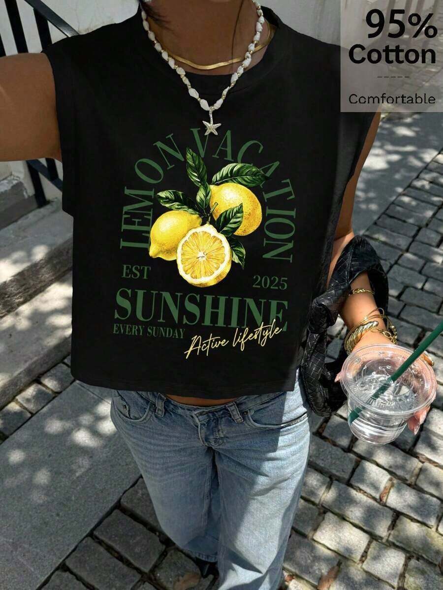 Top sin mangas casual y minimalista para mujer con estampado de cóctel - Estilo deportivo versátil para vacaciones de primavera, boda en una isla tropical, aniversario, fiesta de damas de honor, cita nocturna, invitada de boda, despedida de soltera, festival de música bohemio y uso elegante de verano - Negro - Ver 1