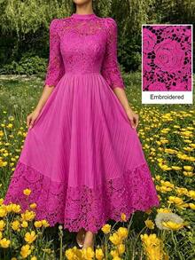 Vestido largo de manga larga con parches de bordado de ojal amarillo para mujeres - Rosa Fucsia - Ver 11
