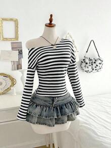 Top de manga larga asimétrico de hombro suelto con rayas de jacquard de punto de colores, moda casual y cómoda para uso diario, otoño/invierno - Negro - Ver 4