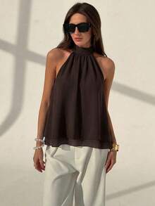 Blusa sin mangas de unicolor elegante y brillante para mujer, de verano - Café integral - Ver 4