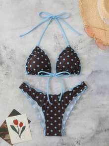 Conjunto de bikini de dos piezas con estampado de lunares, camiseta con lazo sexy y traje de baño para vacaciones en la playa para mujer - Multicolor 2 - Ver 4