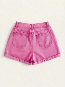 Shorts vaqueros de tiro alto enrollados para verano - Rosa - Ver 2