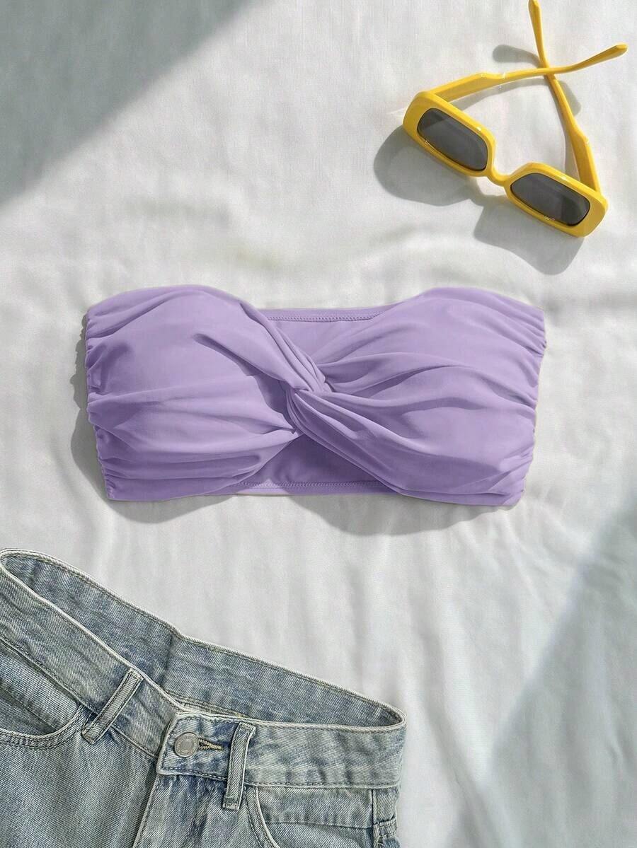 Top de bikini bandeau de un solo color con efecto retorcido - Púrpura malva - Ver 1