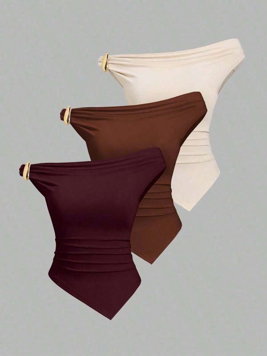 Conjunto de 3 piezas de moda europea y americana para mujer en unicolor, con decoración metálica, dobladillo retorcido y dobladillo asimétrico, camiseta casual y versátil para uso diario - Multicolor 11 - Ver 1