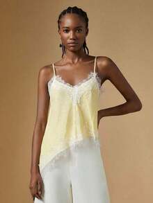 Camiseta de mujer de verano con encaje asimétrico, top blanco, regalo de San Valentín para mujeres, top elegante de mujer, top de verano, vacaciones de mujer, estilo de dinero antiguo / Top camisero de mujer con ribete de encaje de satén y cuello - Amarillo claro - Ver 4