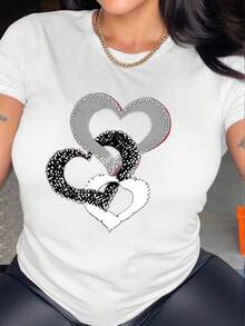 Camiseta casual minimalista, nueva camiseta de manga corta para mujer de primavera/verano, sencilla y elegante con estampado de anillos de corazón, camiseta versátil de uso diario con cuello redondo, patrón circular - Camiseta unisex de algodón holgada de manga corta y cuello redondo estilo vintage urbano. - Blanco - Ver 7
