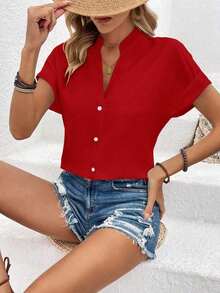 Blusa casual de verano de unicolor con botones delanteros y mangas cortas para uso diario - Rojo - Ver 6