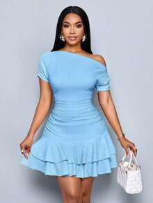 Vestido mini con mangas largas, cuello asimétrico, doble volante y pliegues en color albaricoque elegante para fiesta y día en tejido de punto - Azul - Ver 8