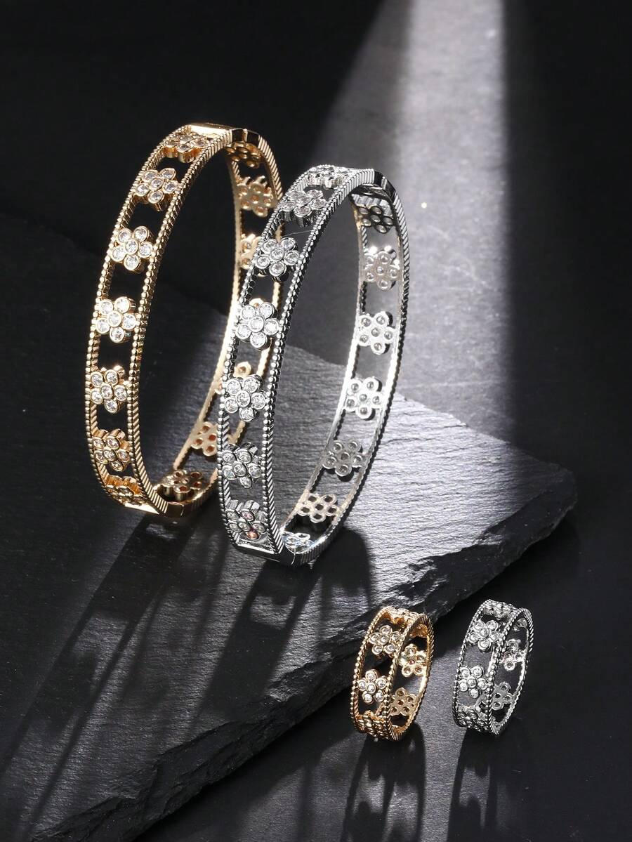 Bộ 1 chiếc vòng tay và nhẫn rỗng, khắc tên cá nhân, đính đá Cubic Zirconia, phù hợp cho nữ, đeo hàng ngày, quà tặng Eid Al-Fitr, quà tặng Eid Al-Adha. - vòng đeo tay - Xem 1