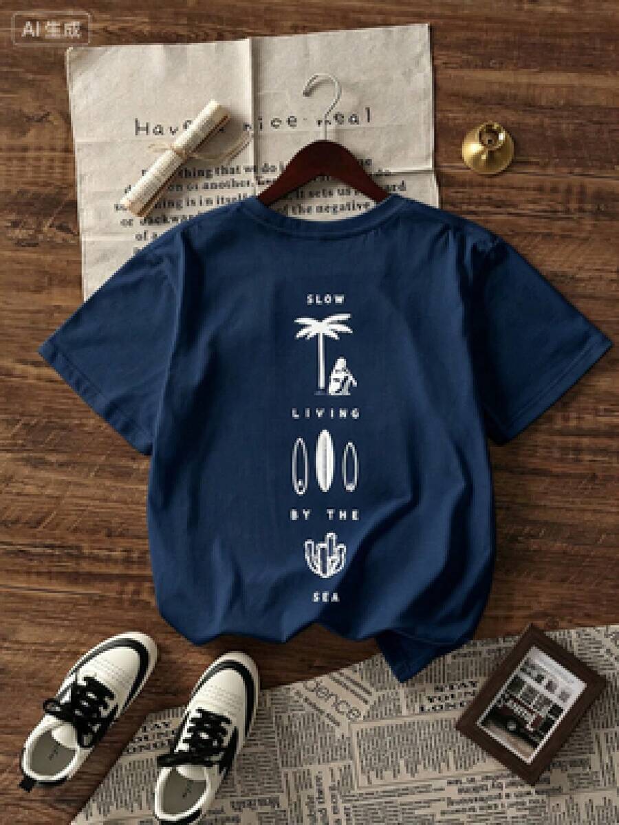 Camiseta de peso pesado multicolor, 100% algodón puro, con estampado moderno, unisex, nuevo estilo primavera/verano/otoño, transpirable y cómoda, sencilla y versátil. - Azul Marino - Ver 1