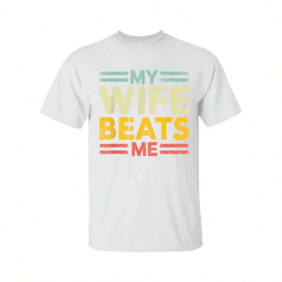 100% Cotton T-Shirt "My Wife Hits Me", Funny Couple T-Shirt, Funny Gift For Him, Mother's Day T-Shirt, Unisex T-Shirt, Golf Gift For Men And Women - 白色 - 查看 1