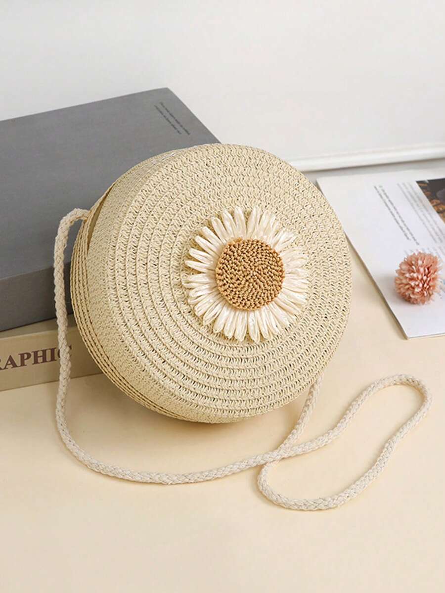 Túi cói cho trẻ em, túi đeo chéo mini cho bé gái, ví đựng tiền xu. - Hoa màu be - Xem 1