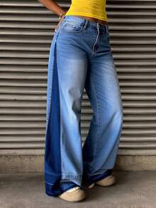 Jeans rectos con costura de color combinado efecto levantador de glúteos anchos - Azul - Ver 2