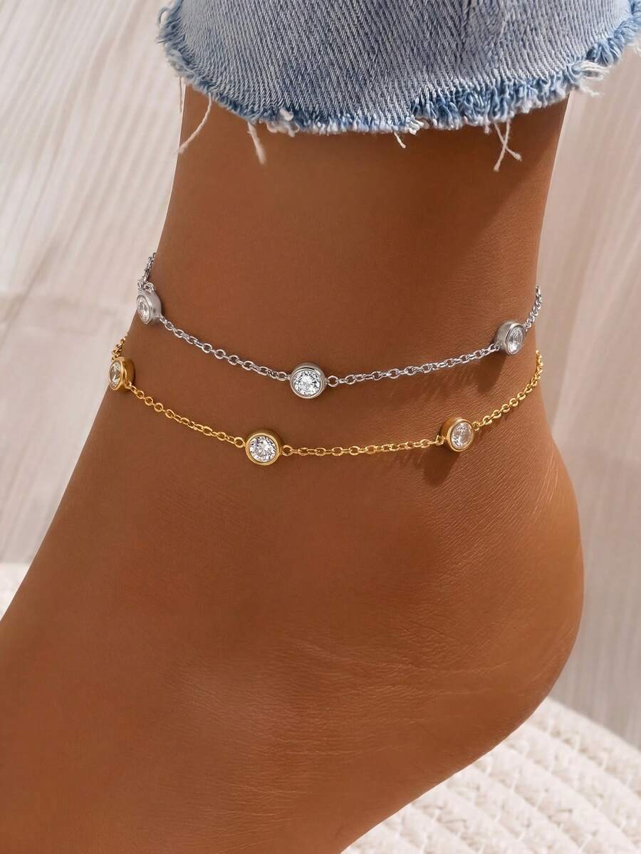 1件不锈钢水钻链脚链,优雅球形饰品,适合夏季海滩度假 - 彩色 - 查看 1