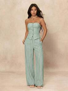 PETITE Conjunto de 2 piezas de top de tirantes de mujer a rayas y pantalones de moda - verde menta - Ver 6
