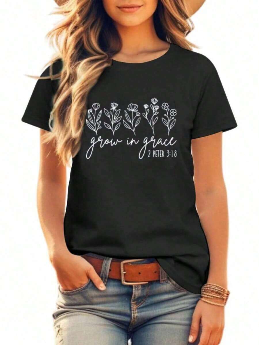 short-sleeveBlusas para mujer playera floral clásico para mujer, diseño de flores silvestres, con estampado de letrasRopa deportiva estilo Y2K, cuello redondo, 100% algodón, tejido suave, manga corta.100% Cotton - Negro 2 - Ver 1
