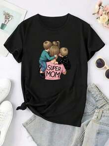 Camiseta de manga corta con estampado gráfico creativo de Super Mamá, para mujer, cómoda, transpirable, informal, deportiva, para el verano. - Negro - Ver 2