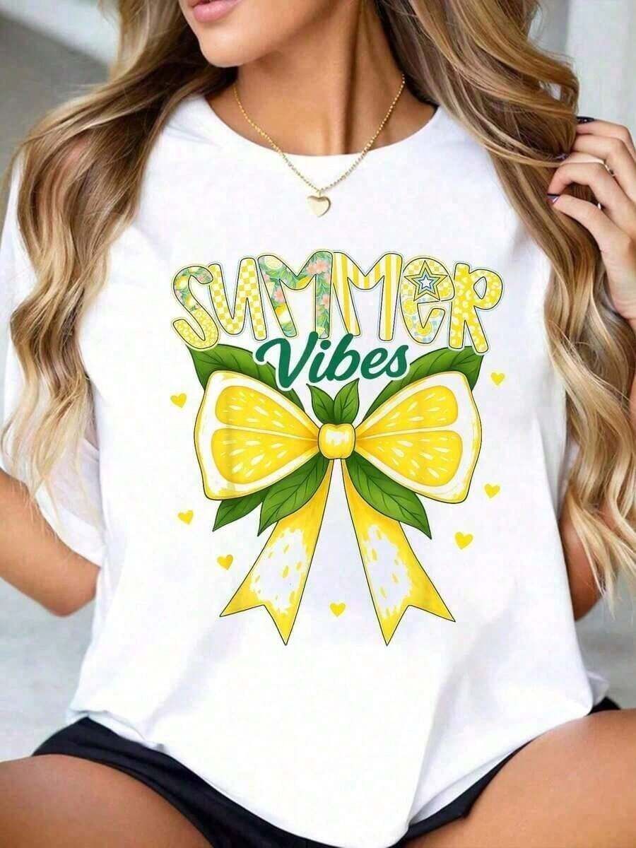 100% Cotton T-Shirt With A Tropical Fruit And Lemon Print, A Cute Bow, And A Summery Style For Women. Short-Sleeved, Crew-Neck T-Shirt For Women. | Soft And Stretchy, Casual And For The Gym, Essential For Gamer's Day And Valentine's Day - Unisex Short-Sleeved, Crew-Neck T-Shirt In Loose-Fitting Cotton With A Vintage Urban Style. - 白色 3 - 查看 1