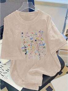 Women's Printed Washed Cotton T-Shirt - 230g Thick Cotton, Vintage Urban Style, Crew Neck, Short Sleeve, Machine Washable, Suitable For Casual Spring And Summer Wear, A Unique Loose Fit T-Shirt, A Popular Choice For Everyday Wear, Perfect Holiday Gift. Skin-Friendly - High Quality - 杏色 - 查看 11