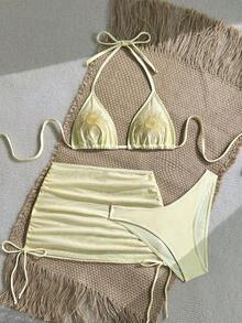 Conjunto de traje de baño de vacaciones para mujer, conjunto de vacaciones de verano para mujer, conjunto de playa para mujer - Amarillo - Ver 4