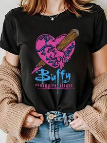 Camiseta con Estampado Gráfico para Mujer - Diseño de "Buffy, la cazadora de vampiros", Manga Corta, Cuello Redondo, Estilo Casual para Primavera y Verano, Negra con Ilustraciones Coloridas de Corazones y Personajes, Ropa Casual| Camiseta con estampado gráfico| Vibrant Print Y2k Camiseta Camisa De - Blanco - Ver 10