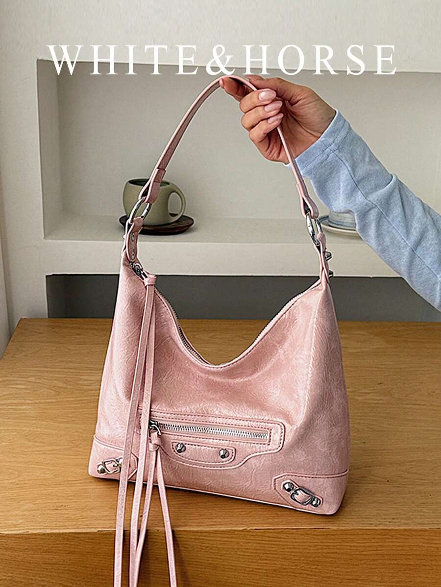 Fringe Rivet Motorcycle Style Underarm Bag, Women's New Large Capacity Tote Bag, Sweet & Cool One Shoulder Bag - Pink - View 1