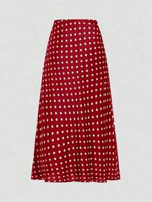 Falda de estilo vacacional elegante y retro con estampado de lunares para mujeres, otoño, invierno - Rojo - Ver 2