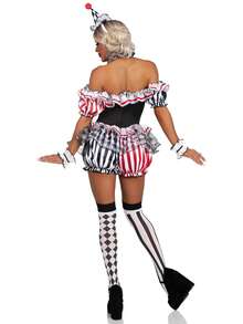 5Pcs Halloween Women Creepy Clown Costume Adult Circus Freakshow Scary Killer Clown Dress Jumpsuit Cosplay For Costume Party Off Shoulder Shorts Romper Dress+Sleeves+Collar+Hat+Stockings - 黑色 - 查看 3