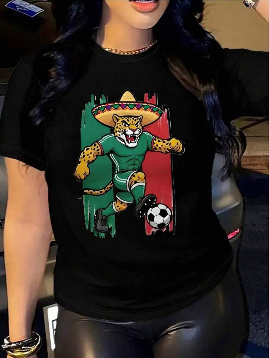 YOCASA Camiseta de Mujer de Verano, Estampado Jaguar Fútbol Mexicano, Cómoda para Uso Diario - Negro - Ver 1