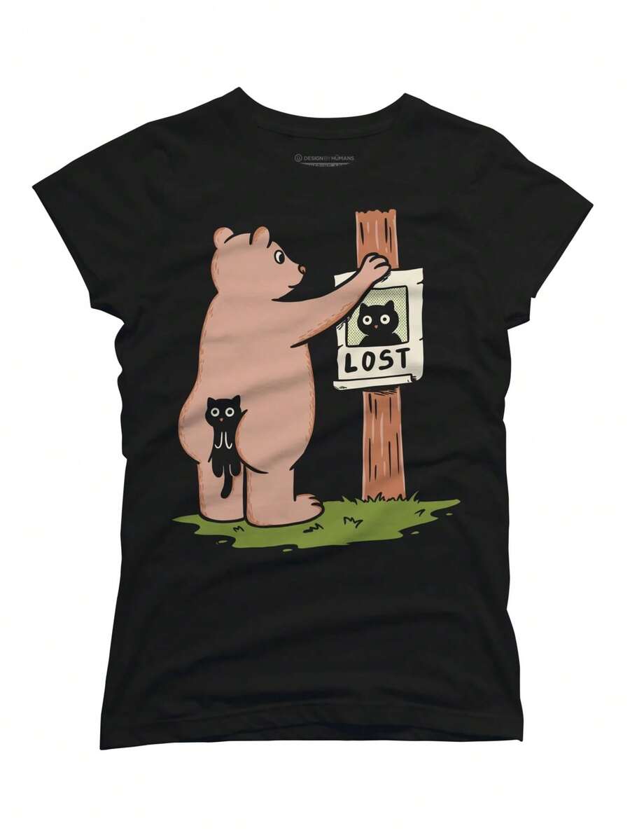 Camiseta Casual de Mujer con Diseño Divertido de Oso Negro y Gato Perdido - Tela Suave, Arte Único, Ideal para Amantes de las Mascotas y la Naturaleza, Perfecta para Uso Diario Y2k Camiseta Camisa De - Negro - Ver 1