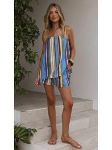 Women's Tropical Print Tube Top & Shorts Set, Strapless Two-Piece Outfit, Casual Summer Vacation Co-Ord, Multi Colors Available - 彩條 - 查看 5
