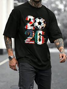 The Graphic Shows The Number 2026 With A Soccer Ball In The Center Surrounded By Flags Representing The Union Of Host Countries And Symbolizing Passion For The Sport, International Celebration, And The Energy Of The Fans. Men's T-Shirt - 黑色 - 查看 2