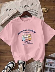 Short-Sleeve T-Shirt With Cute Characters, Fashionable Short-Sleeve T-Shirt For Spring And Summer 2026, Made In Mexico, 180 Grams. Cartoon Print, Couple Design, Suitable For Indoor Or Outdoor Wear. Crew Neck, Unisex, Ideal For Office And Leisure. One-Pack. - PK-P631577SLNDXZGY440 - 查看 4