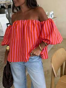 Women's Striped Contrast Color Woven Fabric Ruffle Off-Shoulder Blouse, Suitable For Beach And Daily Wear, Spring/Summer Red - Red - View 2