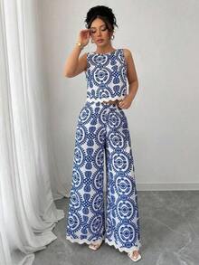Set de 2 piezas para mujer con parte superior sin mangas de cuello redondo y pantalones con estampado de plantas - Azul - Ver 6