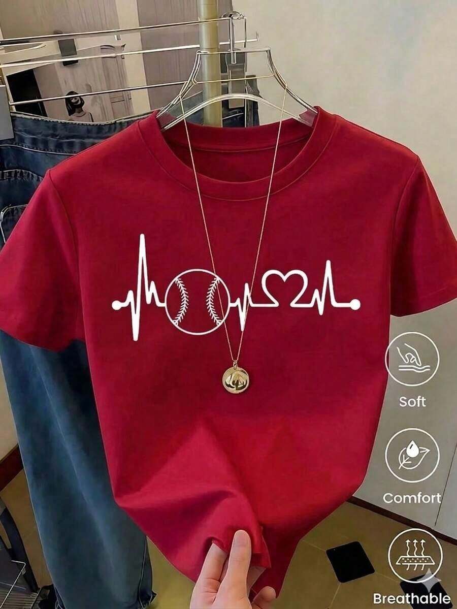 Women's White Baseball Heartbeat Graphic T-Shirt, Minimalist Sporty Style Short Sleeve Heart Top, Top For Game Fans, Comfortable And Breathable Casual Blouse, Cute 100% Cotton - 紅色的 - 查看 1