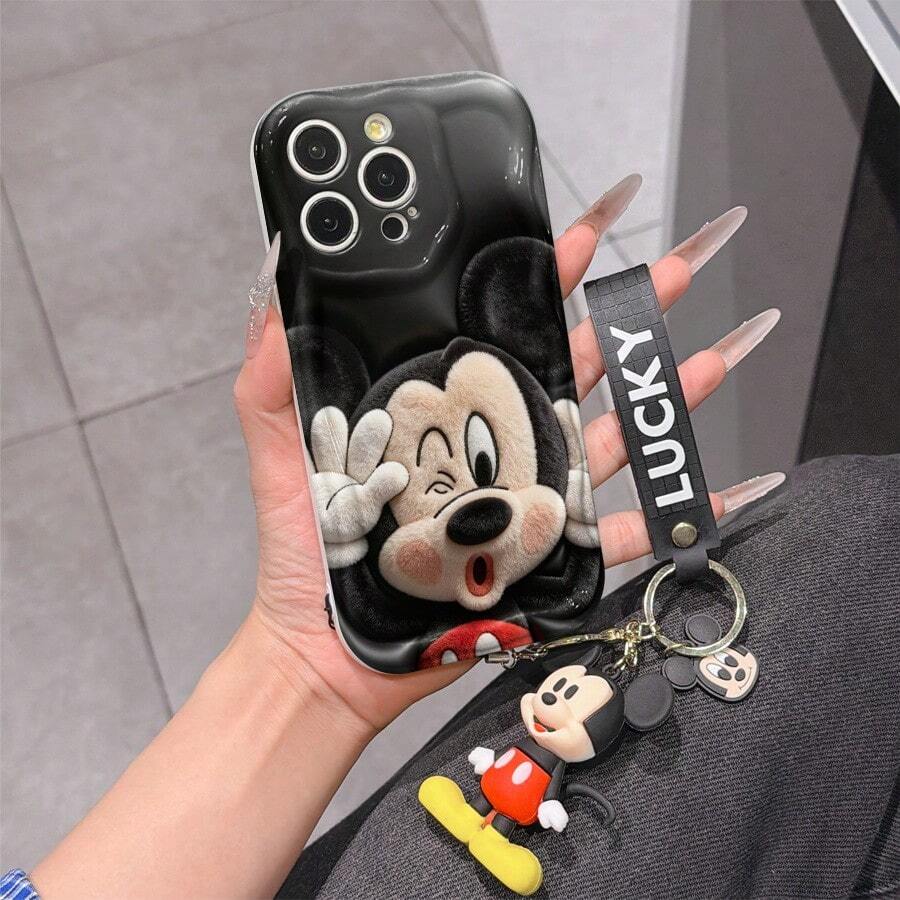 Disney Mickey Mouse Clubhouse Phone Case : 3D Fluffy Pattern Border Protector Phone Soft Phone Case With A Free Cute Mickey Bracelet Chain Lanyard, Mickey, Minnie, Goofy, Donald Duck, Daisy Duck, Pluto, For Apple 17 Promax 17 Pro 16 15 14 13 12 11 Pro Max XS Max X XR Soft Cover Summer Phone Case - White - View 1