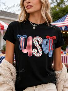 Camiseta Patriótica con Bandera Americana para Mujer 2026 - Diseño floral de estrellas y rayas con detalles de lazo a cuadros, top casual de manga corta con cuello redondo en rojo, blanco y azul, adecuada para el 4 de julio, el Día del Trabajo, el Día de Acción de Gracias y Halloween - Ropa casual cómoda, un regalo ideal tanto para hombres como para mujeres (lavable a máquina). L2RD - Negro - Ver 7