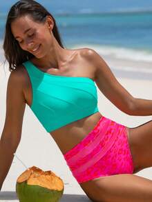 popvil Women's Colorblock One-Shoulder Bikini Set, Suitable For Summer Vacation And Beach Wear - Green - View 5