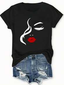 Half Face Woman Print Crew Neck T-Shirt, Casual Short Sleeve T-Shirt For Spring & Summer, Women's Clothing Tee For adult, Men, Women, Teen, Teenager, adolescent, Youth - Negro - Ver 3