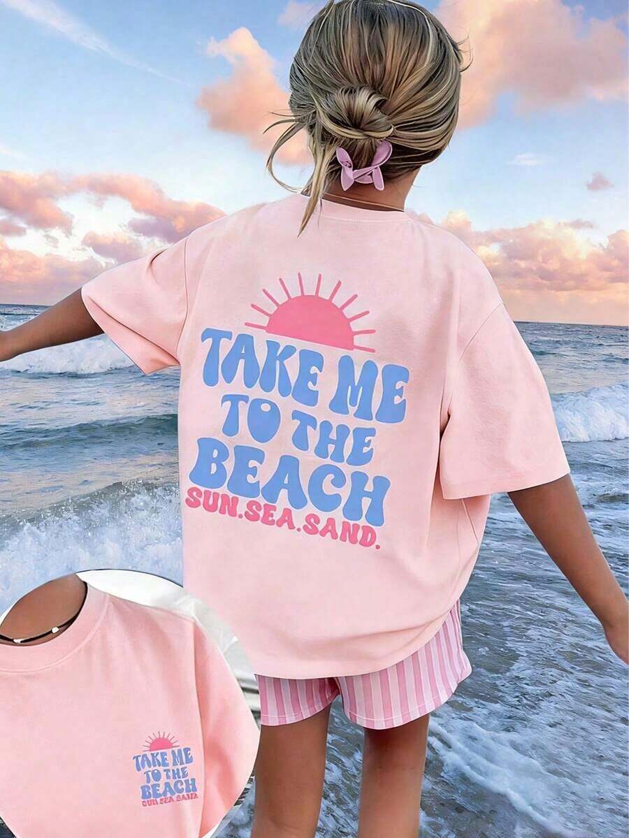 1 pieza de camiseta de manga corta azul claro con estampado para niñas, cómoda y a la moda, ideal para estudiantes y jóvenes en el verano, favorita de las niñas, adecuada para el ocio diario.
