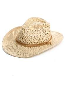 FROO 1 pieza/Set Sombrero de paja hueco estilo bohemio, sombrero de Panamá tejido de verano con protección para vacaciones en la playa, adecuado para primavera/verano, viajes al aire libr - Caqui - Ver 10