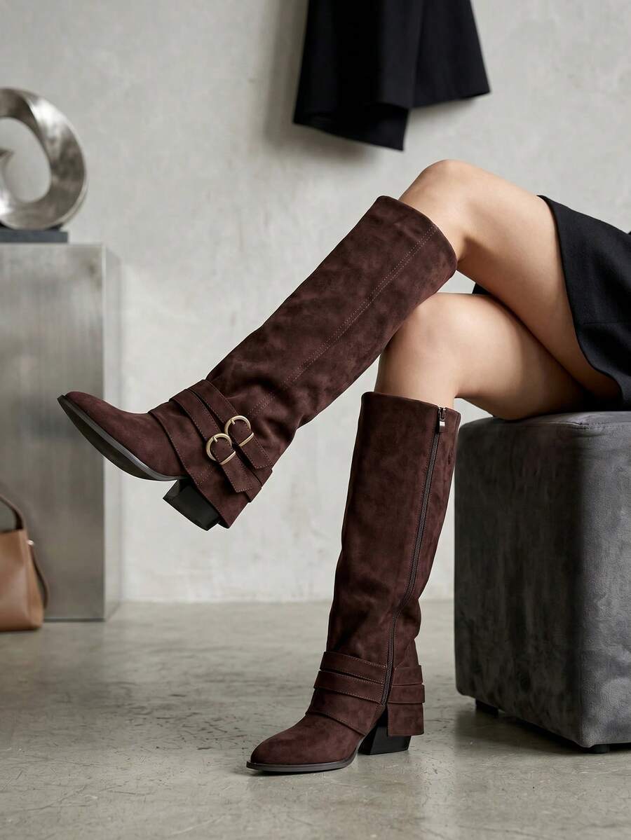 Knee High Boots Western For Women Pointed Toe Wide Calf Fold Over Booties Vintage Nightclub Party Work Casual Outdoor Riding Summer Boots For Ladies - 深棕色絨面革 - 查看 1