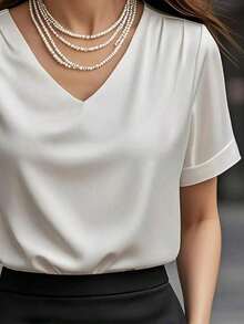 1 pieza Blusa de mujer de unicolor de satén con cuello en V y manga corta, elegante y de moda para uso diario, oficina, hogar, citas, primavera/verano, color negro casual - Blanco - Ver 3