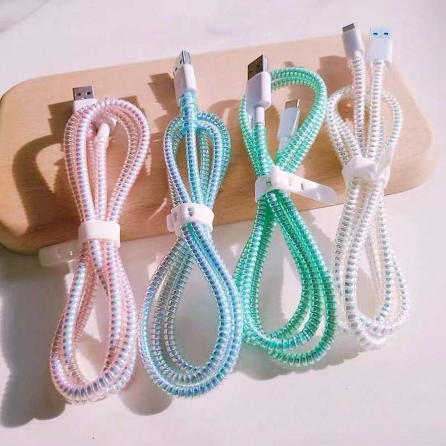 2pcs Laser Iridescent Mobile Phone Data Cable Protection Rope, Material Winding Device, Protective Rope+Strap, Anti Winding Durable And Anti Breakage Data Cable Protection Rope, Fast Charging Head Anti Breakage Winding Device Boyfriend/Girlfriend Gift - Multicolor - View 1